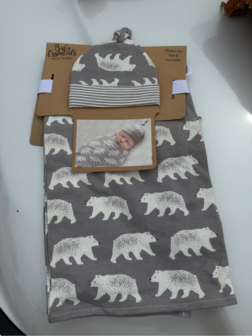 Baby Essentials Gray Bear Print Blanket & Knot Hat - Gray & White